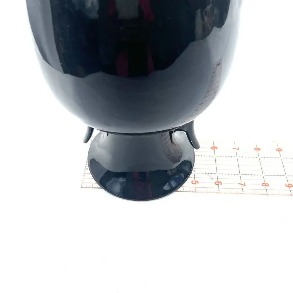 Japanese Double Handled Black Vase/Urn w/ Peacock/Cherry Blossoms 10.5
